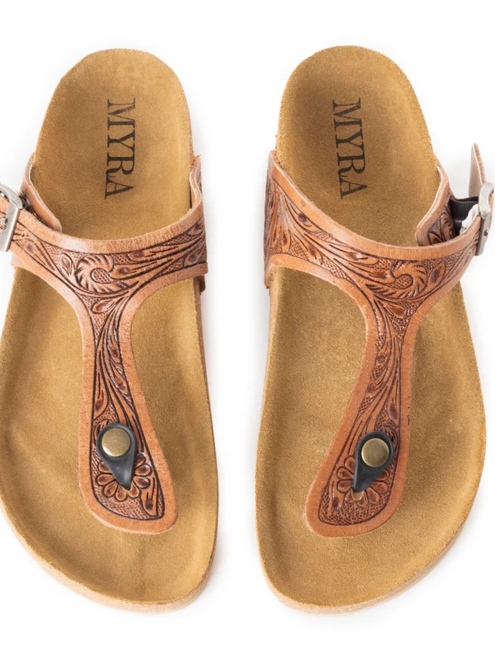 Myra Bag Brown Tooled Leather T-Strap Sandals